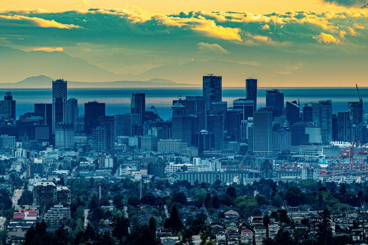 Vancouver’s skyline and mountains at sunset