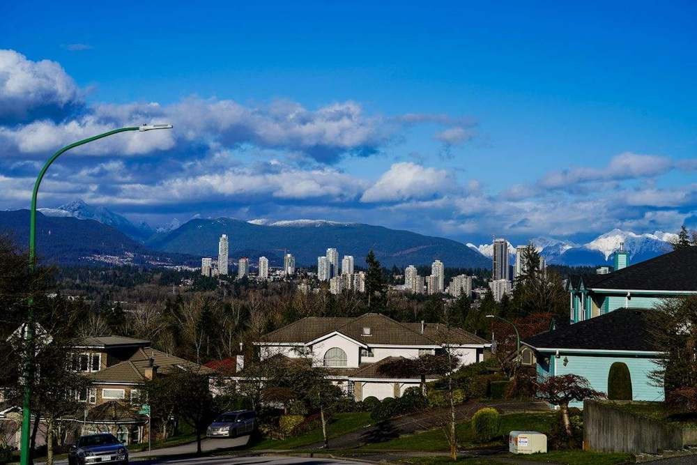 Suburban homes in the Lower Mainland with a city skyline and mountains in the distance